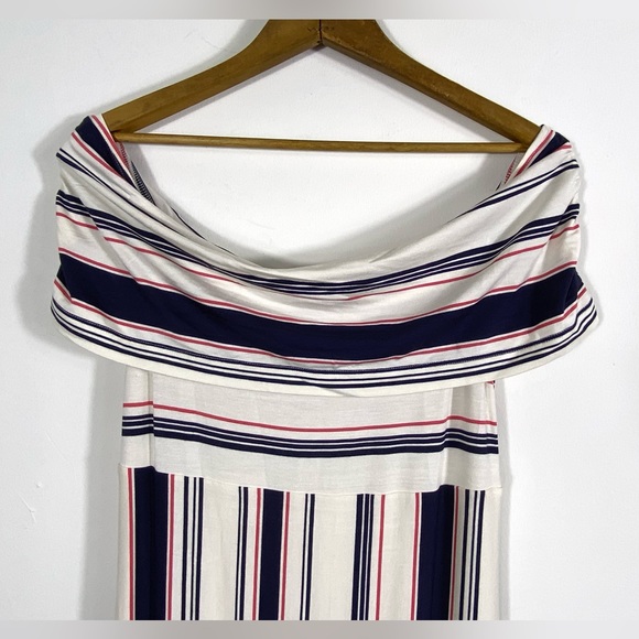 Ella Moss Striped Off Shoulder Midi Dress with Ruffled Bias Cut Hem Stretchy - Picture 9 of 11